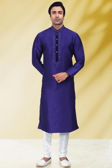 Blue Color Art Silk Fabric Function Wear Fancy Readymade Kurta Pyjama For Men