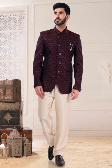 Blazing Maroon Color Jacquard Fabric Function Look Jodhpuri Suit