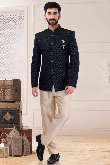 Elegant Dark Green Color Jacquard Fabric Function Look Jodhpuri Suit