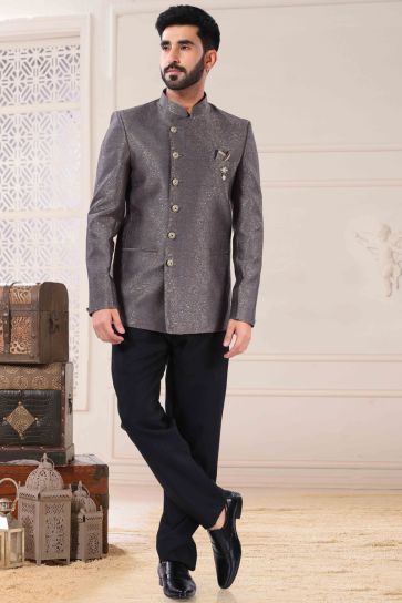 Incredible Jacquard Fabric Function Look Grey Color Jodhpuri Suit