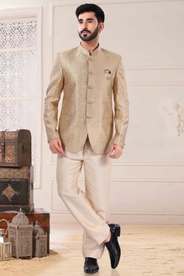 Golden Color Function Look Jodhpuri Suit In Soothing Jacquard Fabric