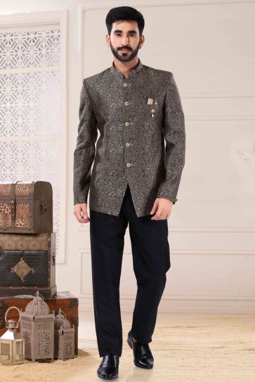 Aristocratic Function Look Dark Grey Color Jacquard Fabric Jodhpuri Suit