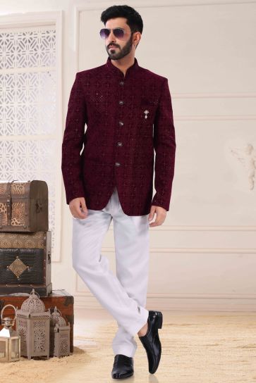 Jacquard Fabric Wine Color Stunning Jodhpuri Suit In Function Look