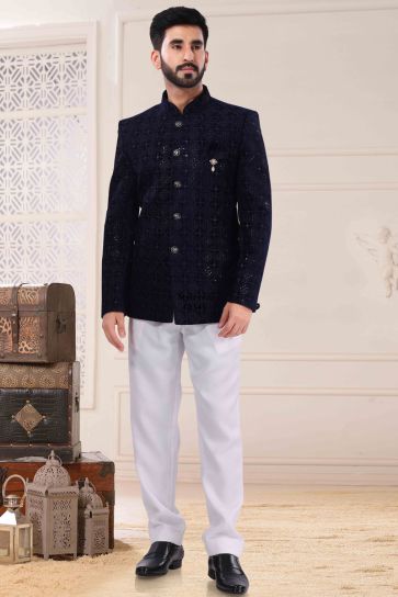 Navy Blue Color Function Look Jodhpuri Suit In Charming Jacquard Fabric