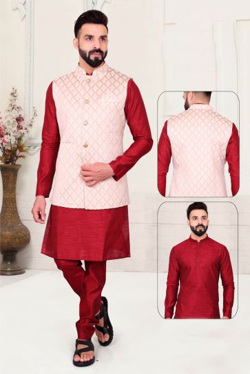 Art Silk Maroon Color Lavish Kurta Pyjama Jacket Set