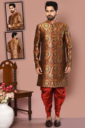 Appealing Maroon Color Art Silk Fabric Sherwani