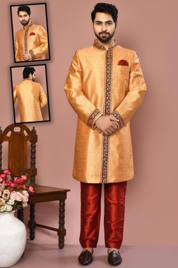 Stunning Orange Color Sherwani In Art Silk Fabric