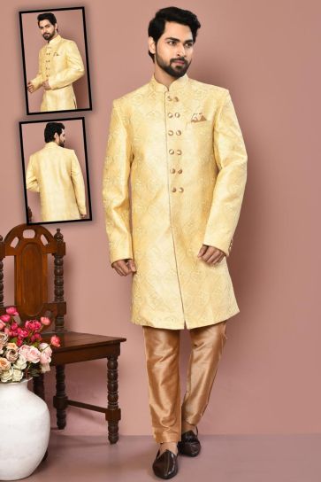 Vivacious Art Silk Fabric Sherwani In Golden Color