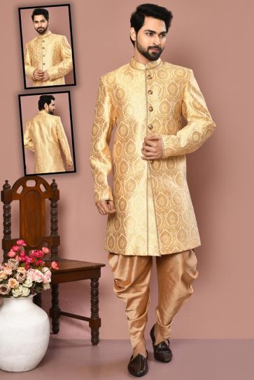 Blissful Golden Color Art Silk Fabric Sherwani