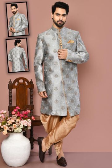 Enriching Grey Color Art Silk Fabric Sherwani