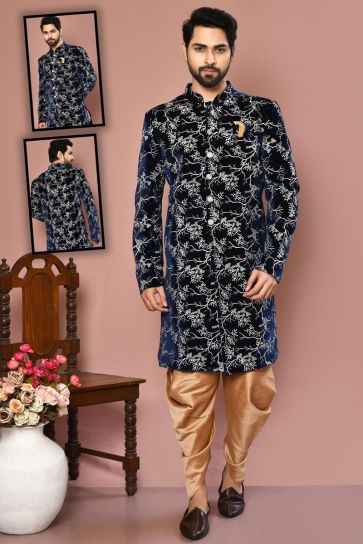 Splendiferous Navy Blue Color Art Silk Fabric Sherwani