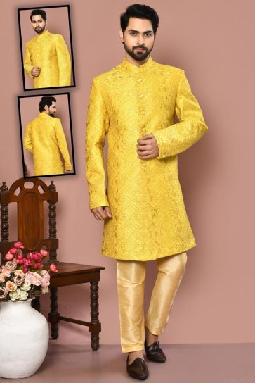 Majestic Yellow Color Art Silk Fabric Sherwani