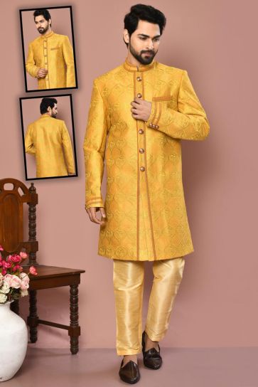 Fascinate Art Silk Fabric Sherwani In Mustard Color