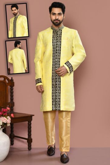Sober Art Silk Fabric Sherwani In Yellow Color