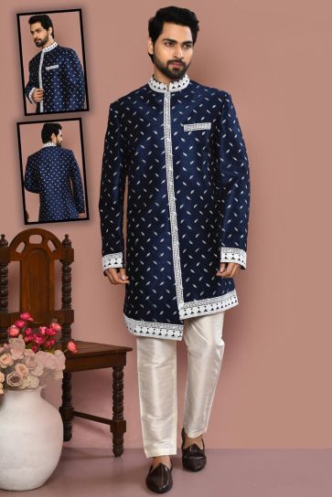 Navy Blue Color Art Silk Fabric Magnificent Sherwani