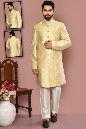 Trendy Textured Cream Color Art Silk Fabric Sherwani