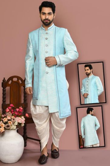 Sky Blue Color Art Silk Fabric Royal Sherwani