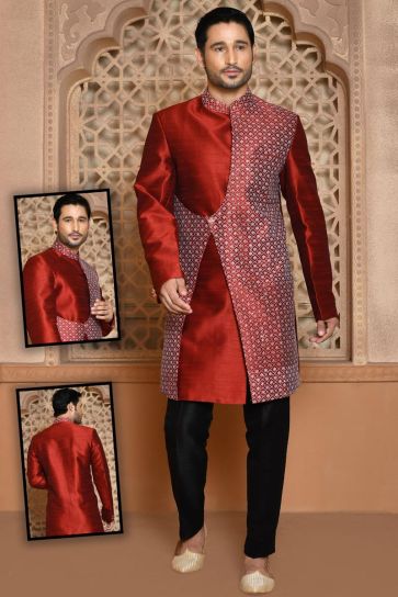 Maroon Color Art Silk Fabric Engrossing Sherwani