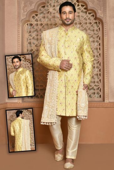 Creative Ethnic Wear Banarasi Silk Sherwani In Yellow Color
