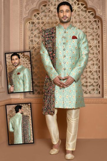 Sea Green Color Beguiling Wedding Wear Banarasi Silk Sherwani