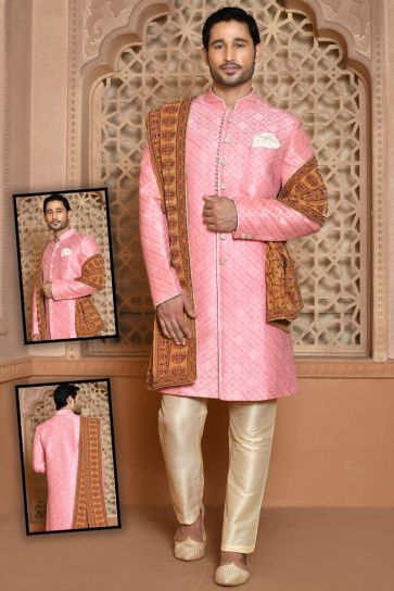 Pink Color Ravishing Wedding Wear Banarasi Silk Sherwani