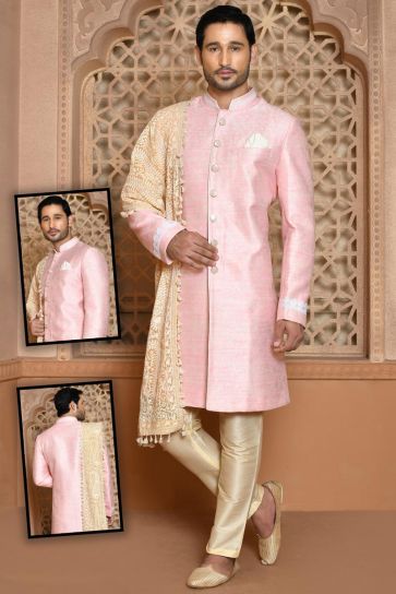 Pink Color Tempting Wedding Wear Banarasi Silk Sherwani