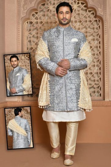 Grey Color Wedding Wear Excellent Banarasi Silk Sherwani