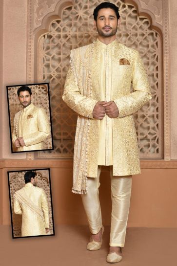Incredible Wedding Wear Banarasi Silk Sherwani In Golden Color