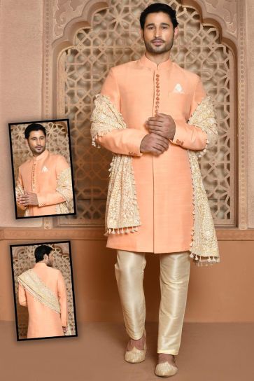 Orange Color Vivacious Banarasi Silk Sherwani In Wedding Wear