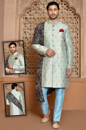 Winsome Wedding Wear Banarasi Silk Sherwani In Sky Blue Color