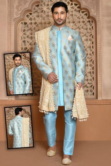 Superior Wedding Wear Banarasi Silk Sherwani In Sky Blue Color