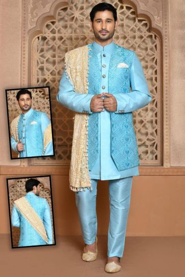 Wedding Wear Patterned Banarasi Silk Sherwani In Sky Blue Color