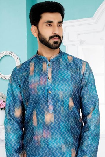 Blue Color Fancy Fabric Function Wear Readymade Printed Kurta Pyjama For Men