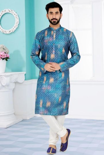 Blue Color Fancy Fabric Function Wear Readymade Printed Kurta Pyjama For Men