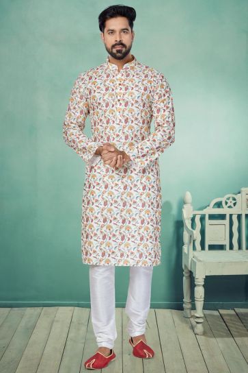 Fancy Fabric White Color Festive Wear Trendy Readymade Men Printed Kurta Pyjama