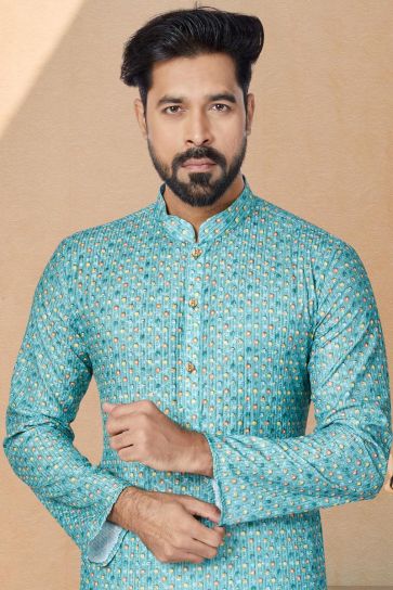 Cyan Color Sangeet Wear Fancy Fabric Designer Readymade Printed Kurta Pyjama For Men