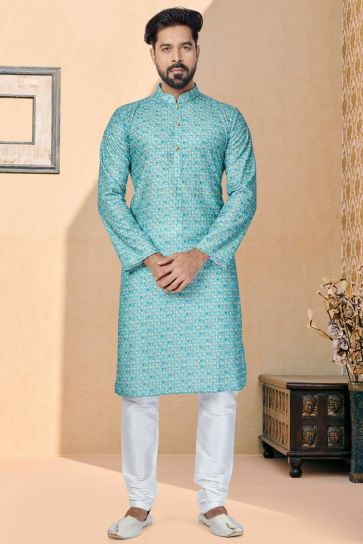 Cyan Color Sangeet Wear Fancy Fabric Designer Readymade Printed Kurta Pyjama For Men