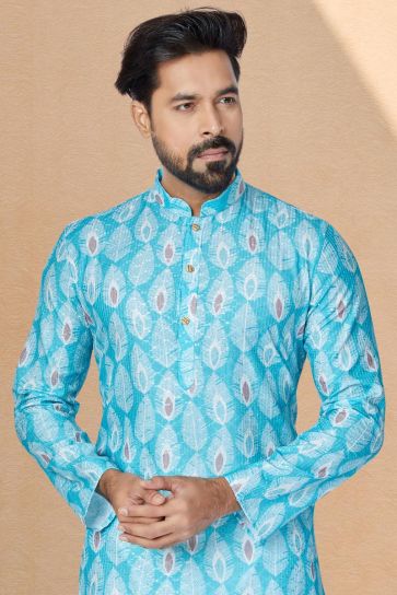 Appealing Cyan Color Fancy Fabric Function Wear Printed Readymade Kurta Pyjama For Men