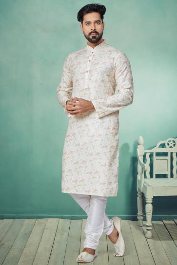 Off White Color Engaging Fancy Fabric Festive Wear Printed Readymade Kurta Pyjama For Men