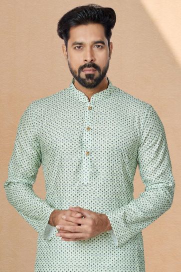 Sea Green Color Fancy Fabric Festive Wear Captivating Printed Readymade Kurta Pyjama For Men