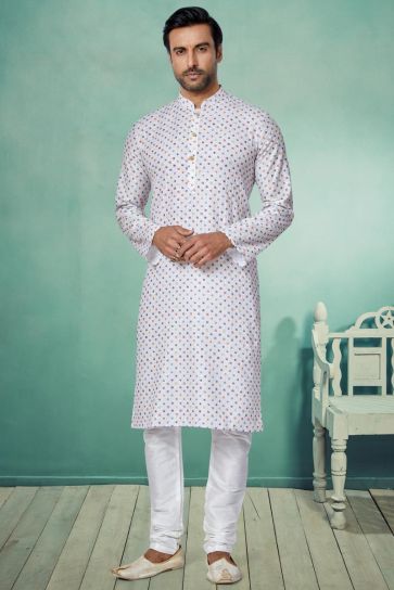 Fetching White Fancy Fabric Sangeet Wear Printed Readymade Kurta Pyjama For Men