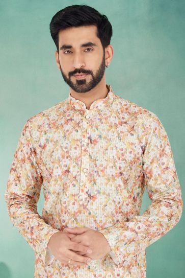 Lovely Cream Color Festive Wear Printed Readymade Kurta Pyjama For Men