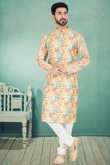 Cream Color Sangeet Wear Pretty Printed Readymade Kurta Pyjama For Men In Fancy Fabric