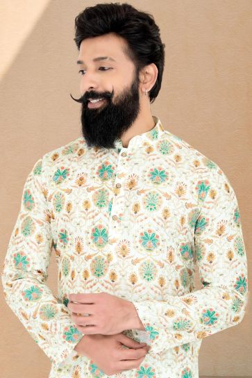 Reception Wear Attractive Printed Readymade Kurta Pyjama For Men In Beige Color Fancy Fabric