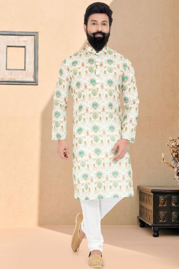 Reception Wear Attractive Printed Readymade Kurta Pyjama For Men In Beige Color Fancy Fabric