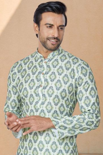 Sea Green Color Fancy Fabric Printed Readymade Kurta Pyjama For Men