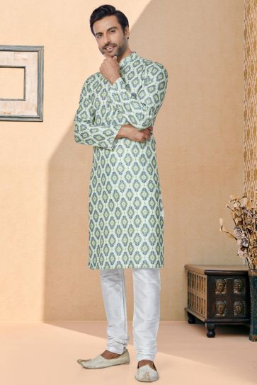 Sea Green Color Fancy Fabric Printed Readymade Kurta Pyjama For Men