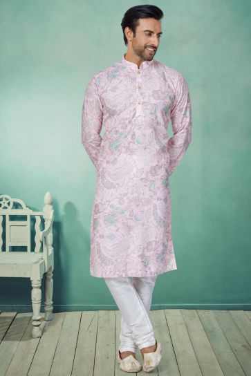 Fancy Fabric Pink Color Printed Readymade Kurta Pyjama For Men