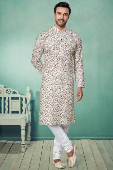 Off White Color Sangeet Wear Readymade Fancy Fabric Printed Kurta Pyjama For Men
