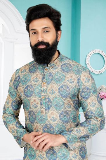 Fancy Fabric Printed Wedding Wear Readymade Multi Color Kurta Pyjama For Men